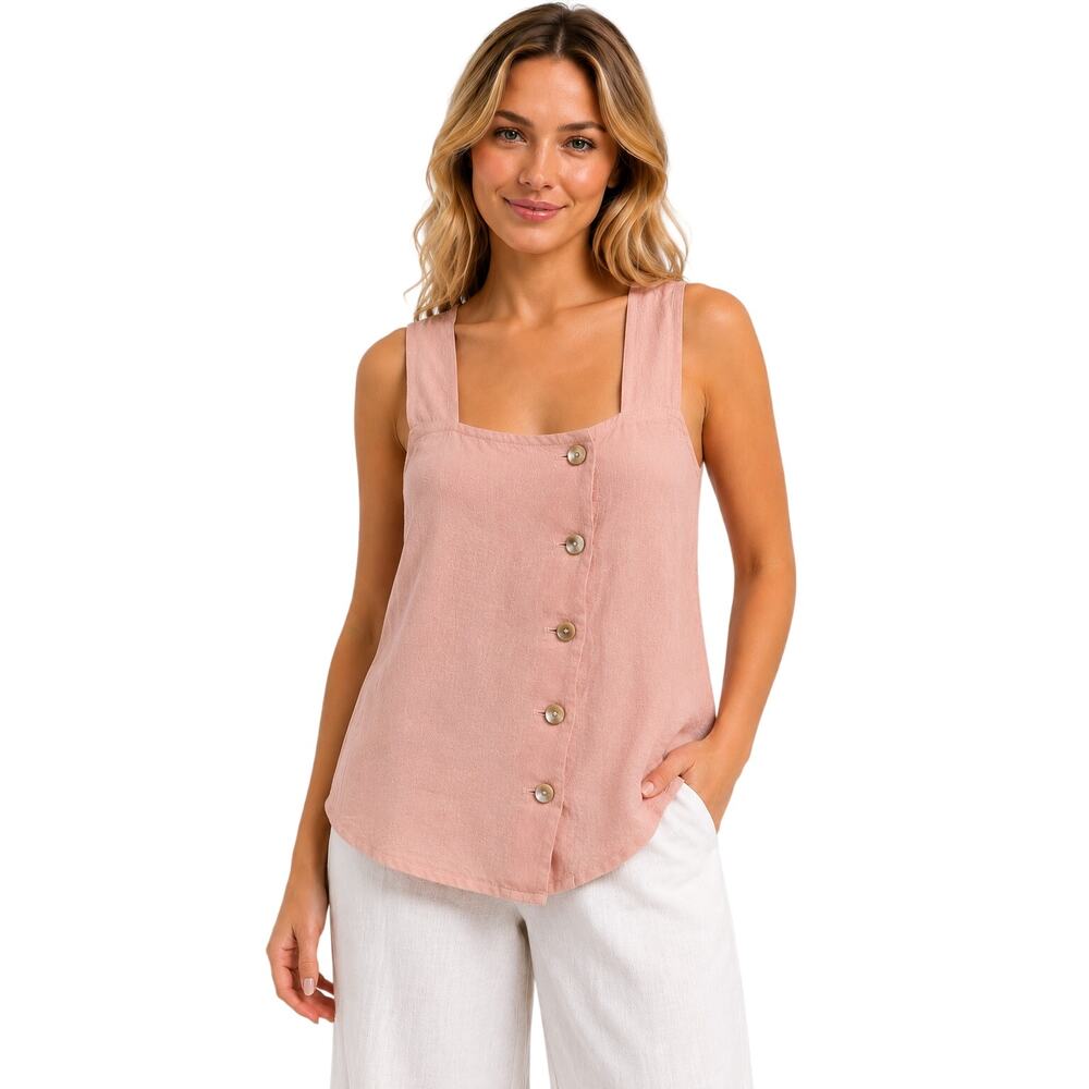 Digna Yero Linen Button Front Sleeveless Tank Top Blush Pink Women’s